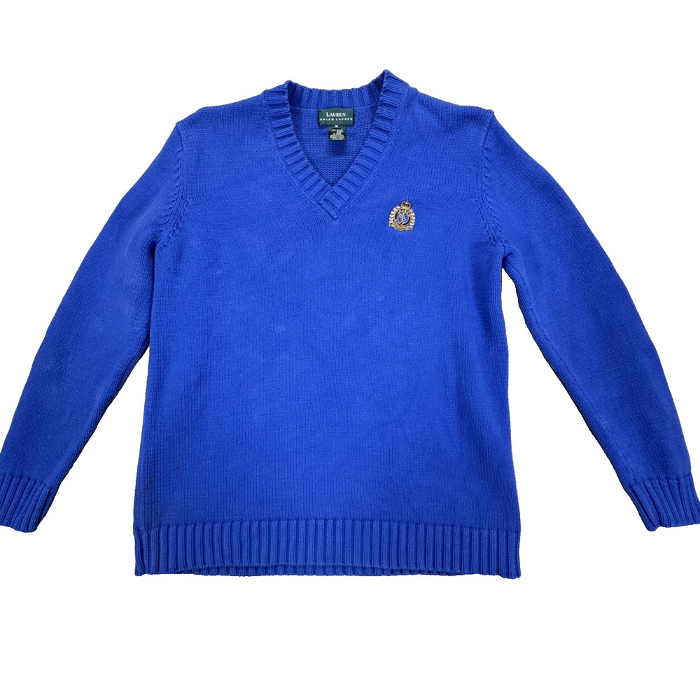 Lauren Ralph Lauren Womens Sweater Regular Blue Crest V-Neck Cotton Vintage M